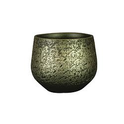 Foto van Plantenpot/bloempot keramiek metallic donkergroen/gold finish - d16/h13 cm - plantenpotten