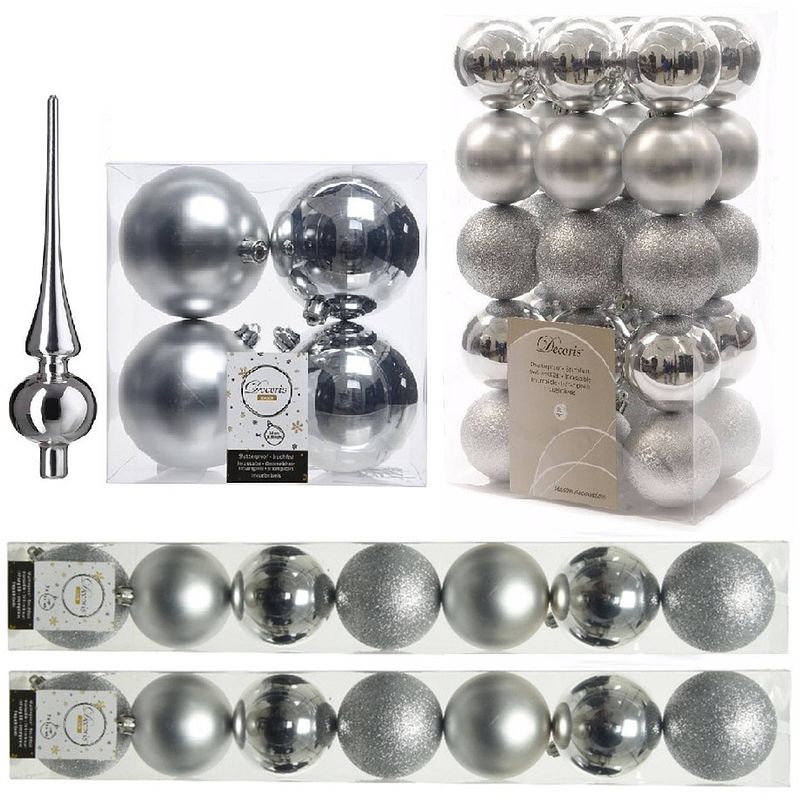 Foto van Kerstversiering kunststof kerstballen met piek zilver 6-8-10 cm pakket van 49x stuks - kerstbal