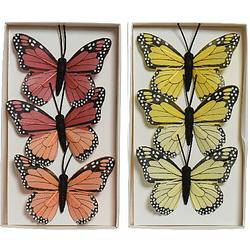Foto van 6x stuks decoratie vlinders op draad - rood - geel - 6 cm - hobbydecoratieobject