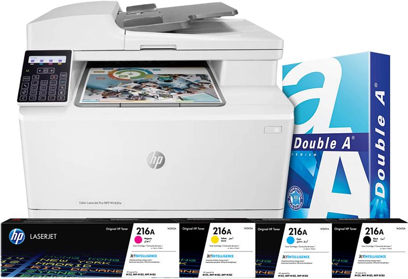 Foto van Hp color laserjet pro m183fw mfp + 1 set extra toners + 500 vellen a4 papier