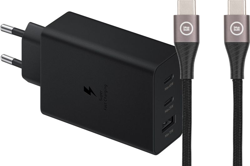 Foto van Samsung oplader met 3 usb poorten 65w zwart + usb c kabel nylon zwart 1,5m