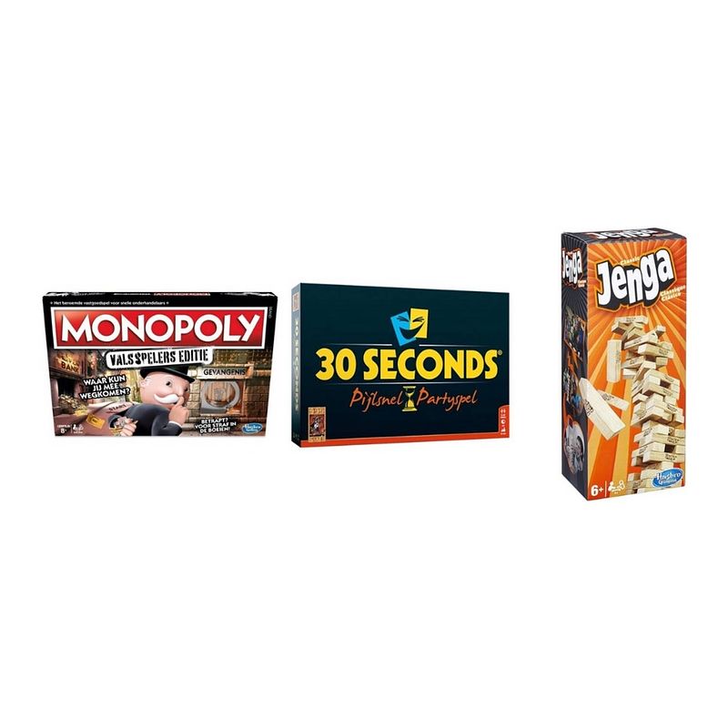 Foto van Spellenbundel - 3 stuks - monopoly valsspelerseditie & 30 seconds & jenga