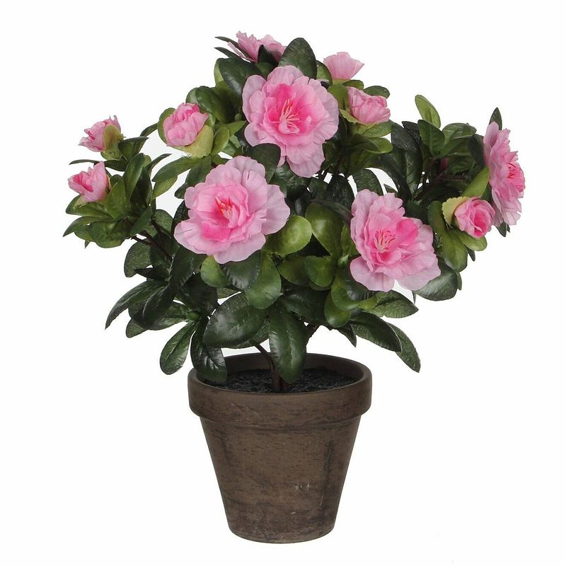 Foto van Groene azalea kunstplanten met roze bloemen 27 cm met pot stan grey - kunstplanten