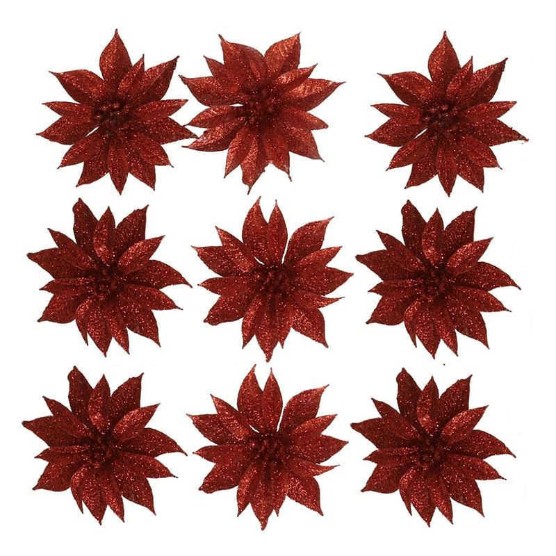 Foto van 12x stuks glitter decoratie bloemen op clip rood 9.5 cm - kunstbloemen