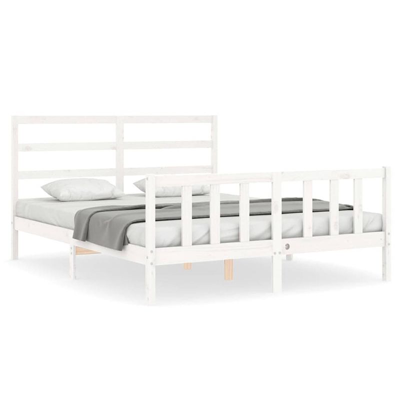 Foto van The living store bedframe grenenhout - wit - 205.5 x 165.5 x 100 cm - multiplex lattenbodem - functioneel hoofd- en