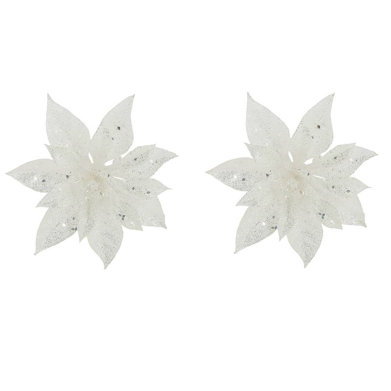 Foto van 2x stuks decoratie bloemen kerstster wit glitter op clip 15 cm - kersthangers