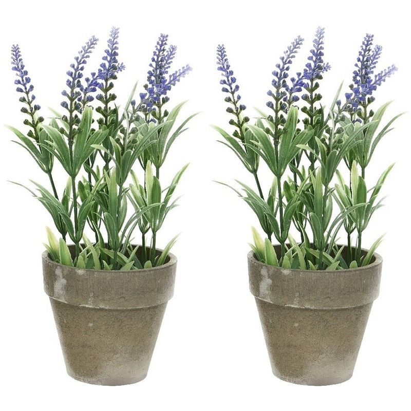 Foto van 2x groene/paarse lavandula/lavendel kunstplant 25 cm in betonpot - kunstplanten