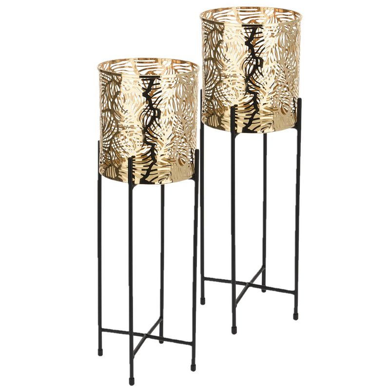 Foto van Set van 2x stuks plantenpot goud op metalen standaard - 45 cm hoogte - plantenpotten