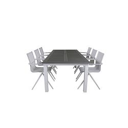 Foto van Albany tuinmeubelset tafel 100x224/324cm en 6 stoel alina wit, grijs.