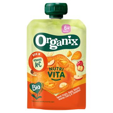 Foto van Organix nutri vita bio sweet potato, apple, banana, acerola cherry & cinnamon 6+ months 100g bij jumbo