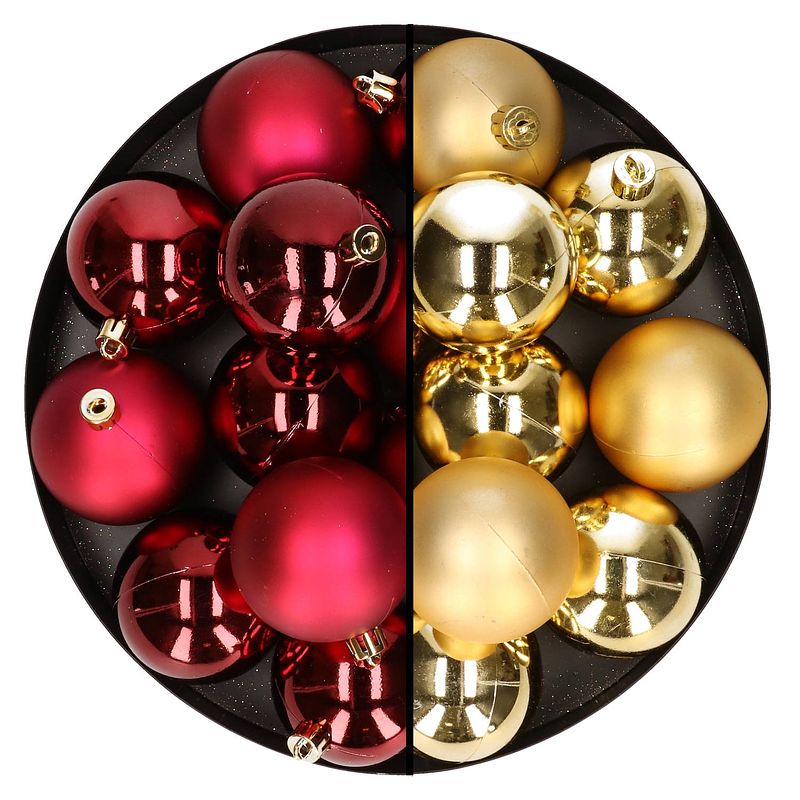 Foto van 24x stuks kunststof kerstballen mix van donkerrood en goud 6 cm - kerstbal