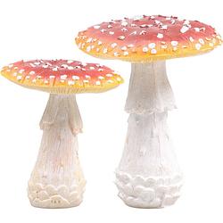 Foto van Decoratie paddenstoelen setje met 2x vliegenzwam paddenstoelen - herfst thema - tuinbeelden