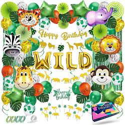 Foto van Fissaly® 106 stuks jungle decoratie versiering set - happy birthday safari thema - slingers, ballonnen & accessoires
