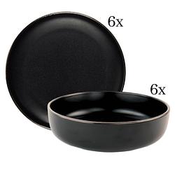 Foto van Otix soepborden diepe borden ontbijtborden - set van 6 stuks - 12-delig - zwart met gouden rand - 17,8cm 20cm - dahlia