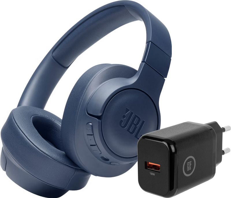 Foto van Jbl tune 760nc blauw + bluebuilt quick charge oplader met usb a poort 18w zwart