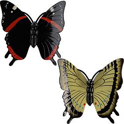 Foto van 2x stuks tuin decoratie vlinders - kunststof - geel - zwart - 24 x 24 cm - tuinbeelden