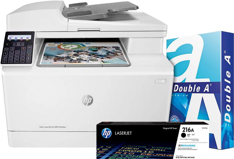 Foto van Hp color laserjet pro m183fw mfp + 1 extra zwarte toner + 500 vellen a4 papier