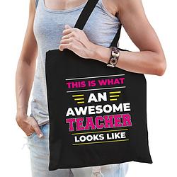 Foto van Awesome teacher / geweldige juf katoenen tas - zwart - 42 x 38 cm - feest boodschappentassen