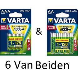 Foto van (6 van beiden) varta aa & aaa oplaadbare batterijen combi aanbieding 800 mah & 2100 mah