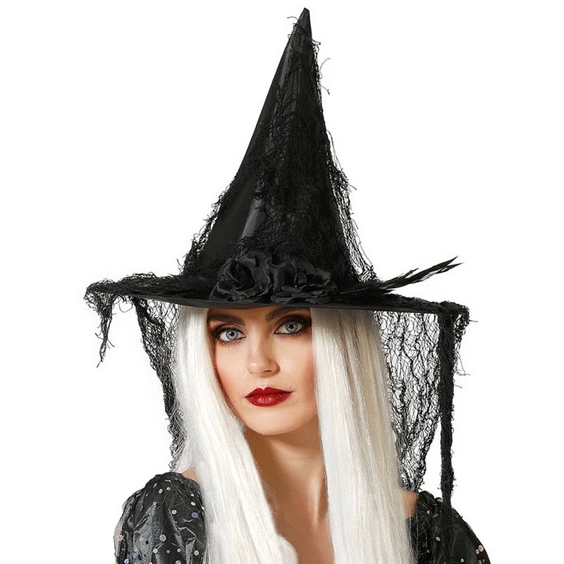 Foto van Halloween heksenhoed - met sluier  - one size - zwart - meisjes/dames - verkleedhoofddeksels