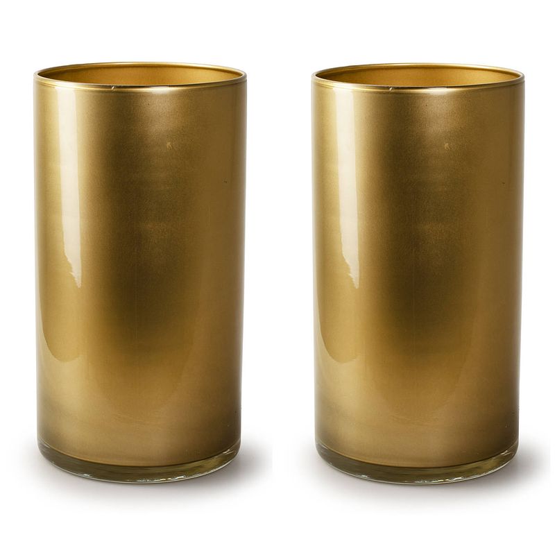 Foto van 2x stuks bloemenvazen - cilinder model glas - metallic goud - h30 x d15 cm - vazen