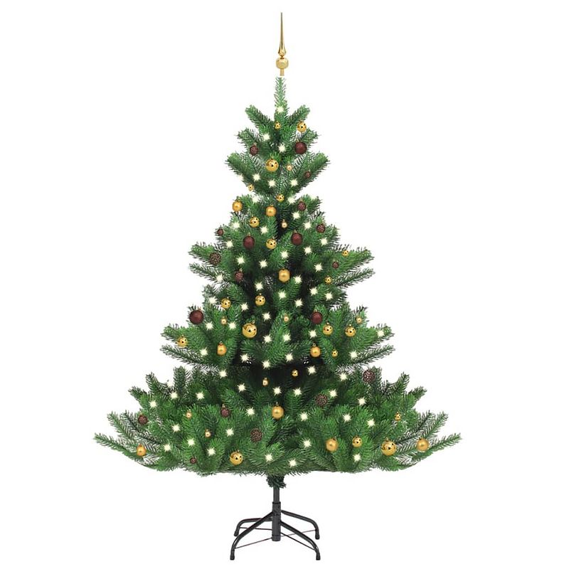 Foto van Vidaxl kunstkerstboom nordmann met led's en kerstballen 240 cm groen