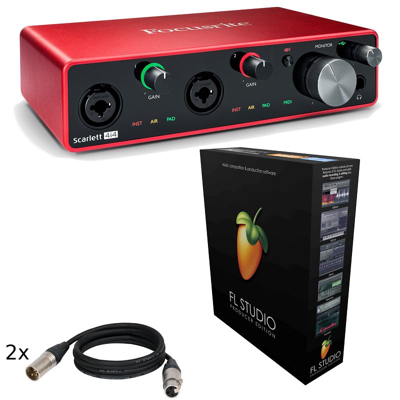 Foto van Focusrite scarlett 4i4 3rd gen bundel met fl studio plus 2x xlr-kabel (3 m)