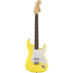 Foto van Fender tom delonge stratocaster rw graffiti yellow elektrische gitaar met deluxe gigbag