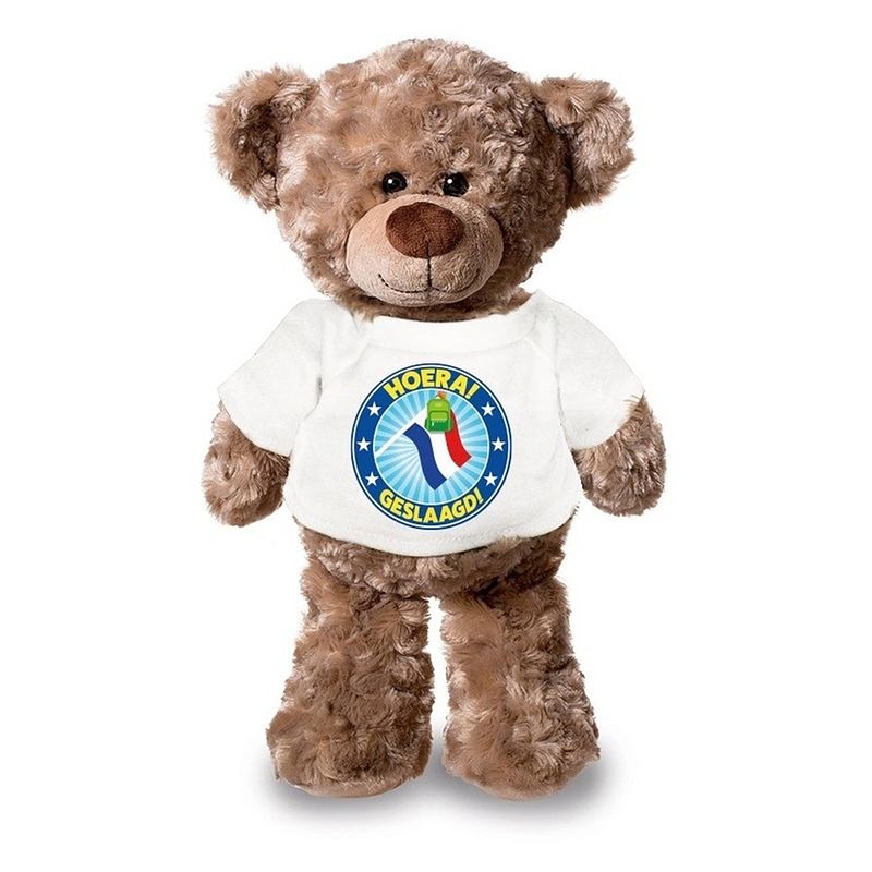 Foto van Knuffel teddybeer hoera geslaagd! met vlag wit shirt 24 cm - knuffelberen