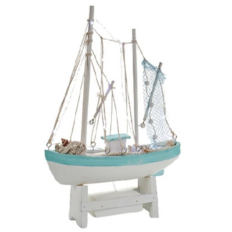 Foto van Giftdecor decoratiebeeld vissersboot 41,5 cm hout turquoise