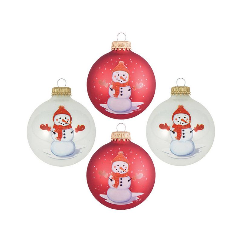 Foto van 4x stuks luxe glazen kerstballen 7 cm wit en rood met sneeuwpop - kerstbal