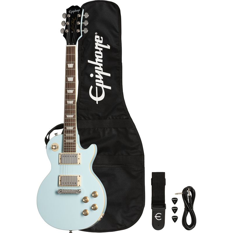 Foto van Epiphone power players les paul ice blue 7/8 elektrische gitaar met gigbag, strap, kabel en plectrums