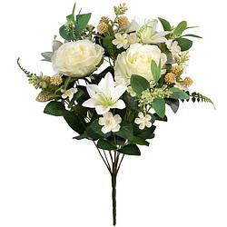 Foto van Louis maes kunstbloemen boeket rozen/lelie met bladgroen - wit - h50 cm - bloemstuk - kunstbloemen