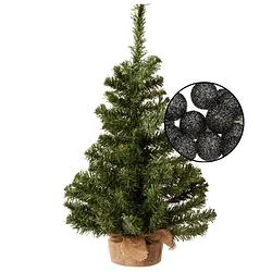 Foto van Mini kerstboompje groen - met verlichte bollen lichtsnoer zwart - h60 cm - kunstkerstboom