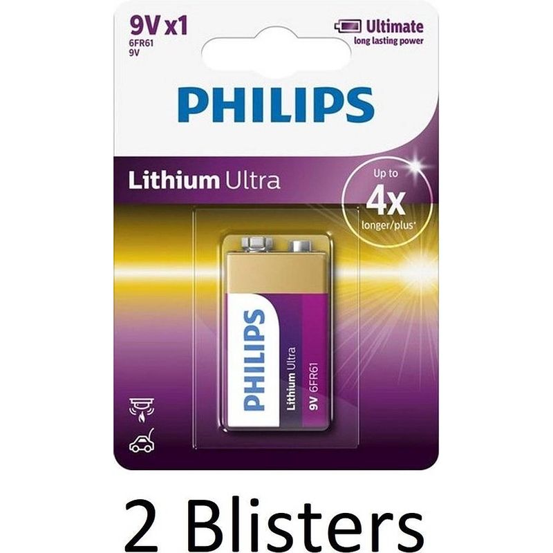 Foto van 2 stuks (2 blisters a 1 st) philips 9v lithium ultra batterij