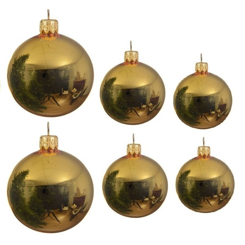 Foto van Glazen kerstballen pakket goud glans 16x stuks diverse maten - kerstbal