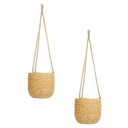 Foto van Set van 2x stuks hangende plantenpot/bloempot jute/zeegras diameter 17 cm - hoogte 14 cm creme beige - plantenpotten