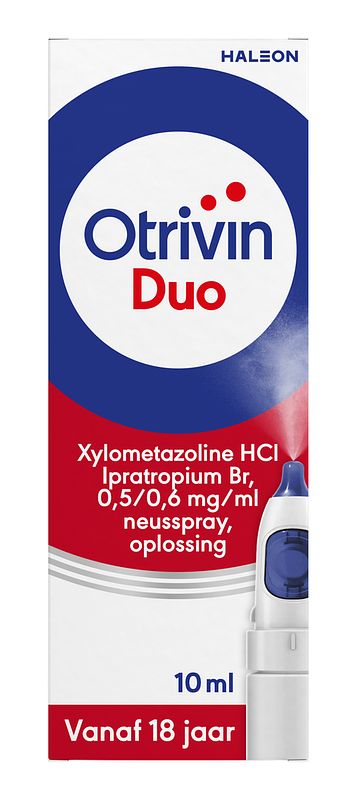 Foto van Otrivin duo xylometazoline hcl ipratropium br, 0,5/0,6 mg/ml neusspray bij een verstopte neus en loopneus