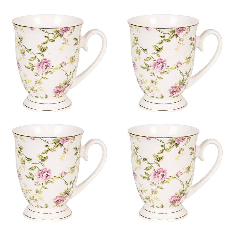 Foto van Haes deco - mokken set van 4 - 11x8x10 cm / 300 ml - met bloemen - mok