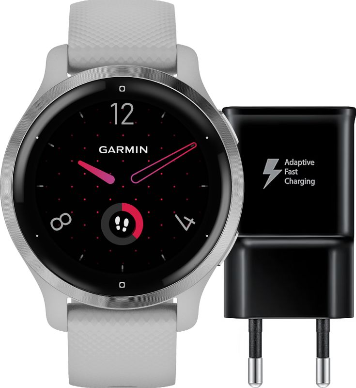 Foto van Garmin venu 2s zilver/grijs + samsung adaptive fast charging oplader met usb a poort 15w