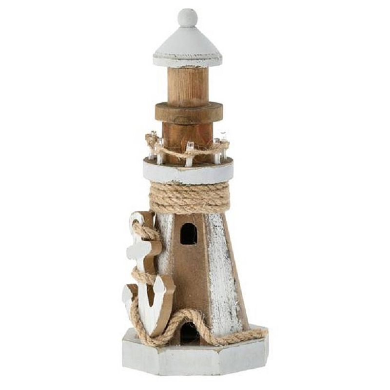 Foto van Houten/witte vuurtoren beeldje met led lampjes 25 cm maritieme decoratie - beeldjes