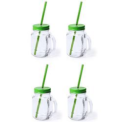 Foto van 4x stuks drink potjes van glas mason jar groene deksel 500 ml - drinkbekers