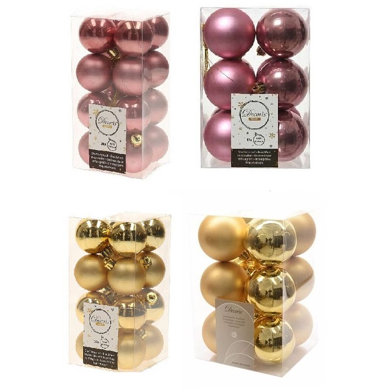 Foto van Kerstversiering kunststof kerstballen mix goud/ oud roze 4 en 6 cm pakket van 80x stuks - kerstbal