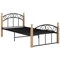 Foto van The living store metalen bedframe - trendy - bed - 210 x 97 x 90 cm - ken- gepoedercoat metaal en massief eikenhout