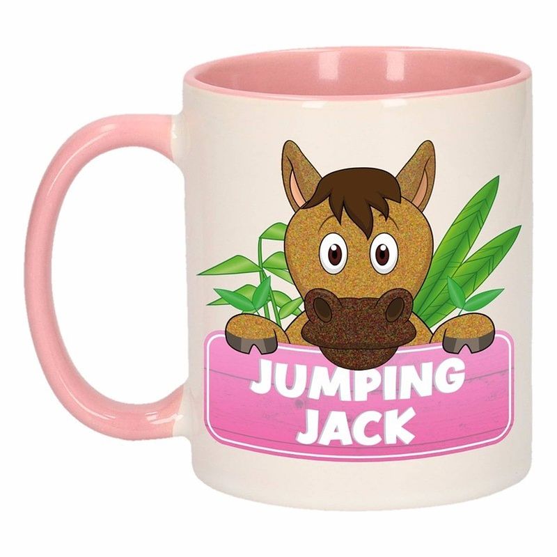 Foto van 1x jumping jack beker / mok - roze met wit - 300 ml keramiek - paarden bekers