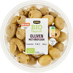 Foto van Jumbo biologische groene olijven met knoflook 100g aanbieding bij jumbo | diverse soorten