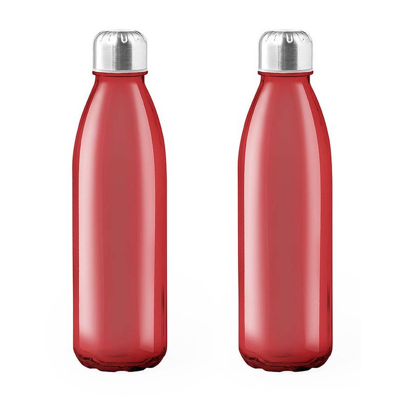 Foto van 2x stuks glazen waterfles/drinkfles rood transparant met rvs dop 500 ml - drinkflessen