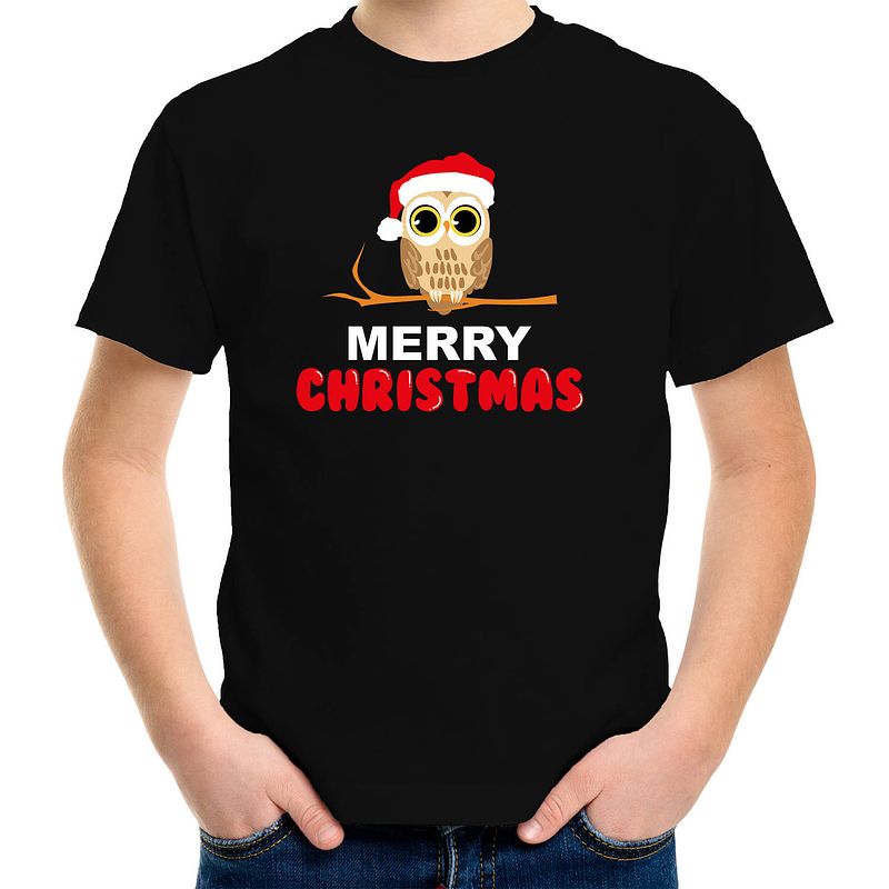 Foto van Leuke dieren kerst t-shirt christmas uil zwart voor kinderen m (134-140) - kerst t-shirts kind