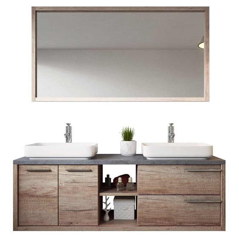 Foto van Badplaats badkamermeubel vermont 150cm met spiegel - hout-look met grijs