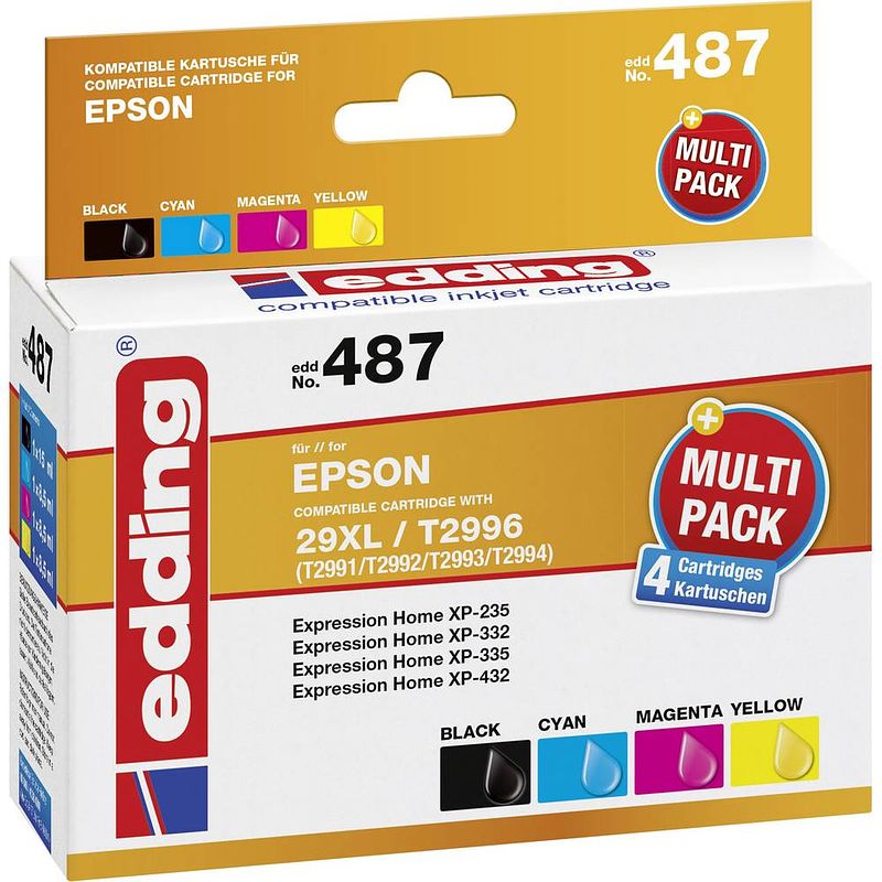 Foto van Edding inkt vervangt epson 29xl, t2996, t2991, t2992, t2993, t2994 compatibel combipack zwart, cyaan, magenta, geel edding 487 18-487